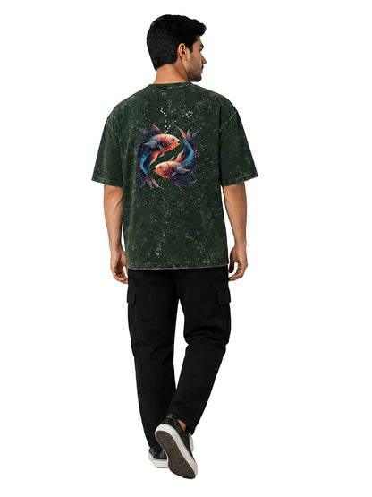 Arya Bottle Green Oversized Zodiac Pisces Print Half Sleeve Cotton T-Shirt