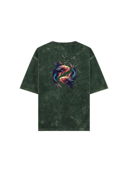 Arya Bottle Green Oversized Zodiac Pisces Print Half Sleeve Cotton T-Shirt
