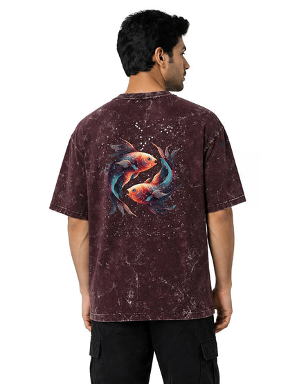 Arya Maroon Oversized Zodiac Pisces Print Half Sleeve Cotton T-Shirt