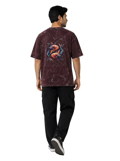 Arya Maroon Oversized Zodiac Pisces Print Half Sleeve Cotton T-Shirt