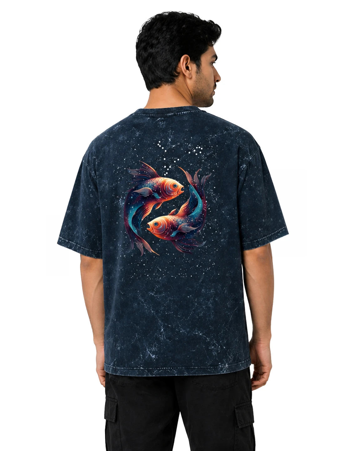 Arya Navy Blue Oversized Zodiac Pisces Print Half Sleeve Cotton T-Shirt