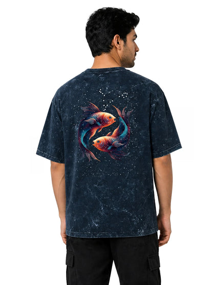 Arya Navy Blue Oversized Zodiac Pisces Print Half Sleeve Cotton T-Shirt