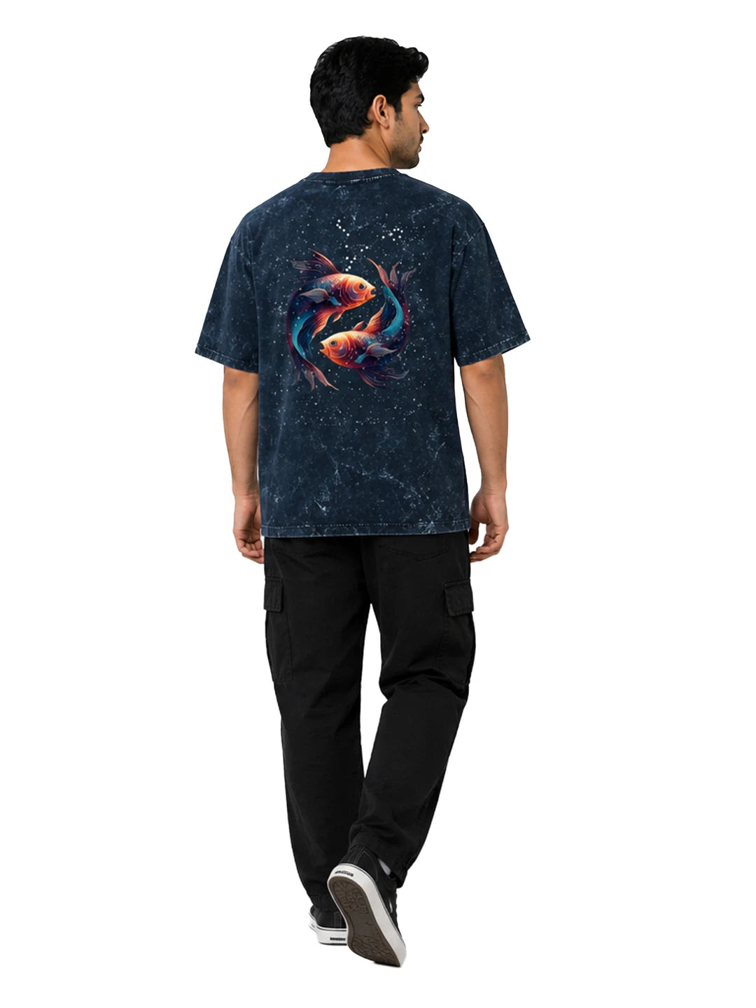 Arya Navy Blue Oversized Zodiac Pisces Print Half Sleeve Cotton T-Shirt