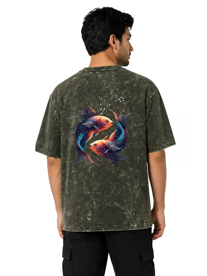 Arya Olive Green Oversized Zodiac Pisces Print Half Sleeve Cotton T-Shirt