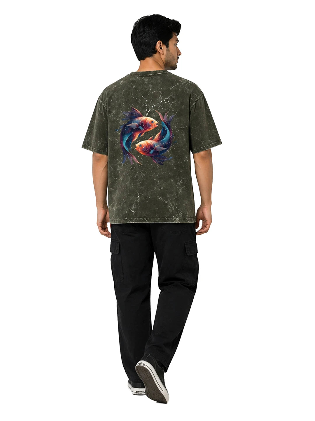 Arya Olive Green Oversized Zodiac Pisces Print Half Sleeve Cotton T-Shirt