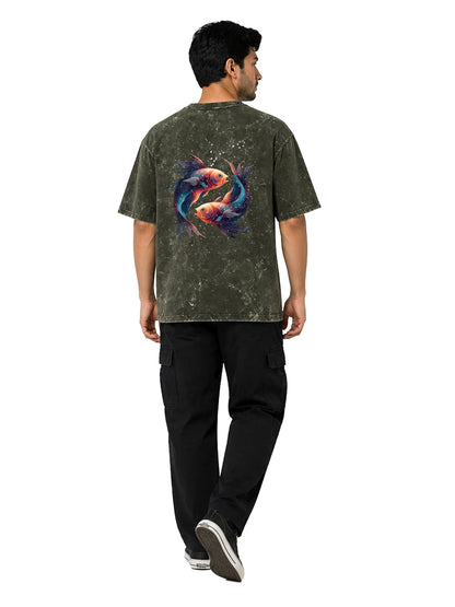 Arya Olive Green Oversized Zodiac Pisces Print Half Sleeve Cotton T-Shirt