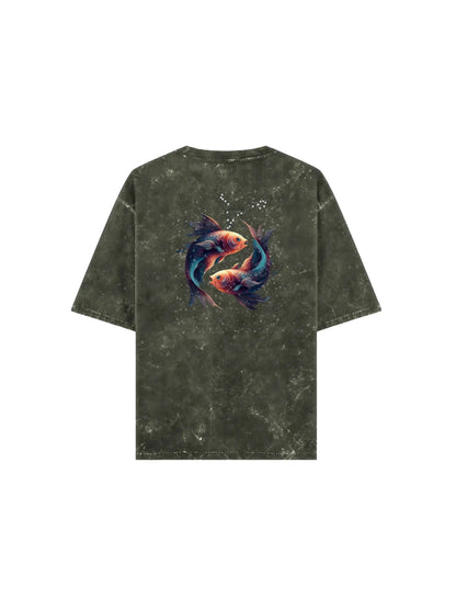Arya Olive Green Oversized Zodiac Pisces Print Half Sleeve Cotton T-Shirt