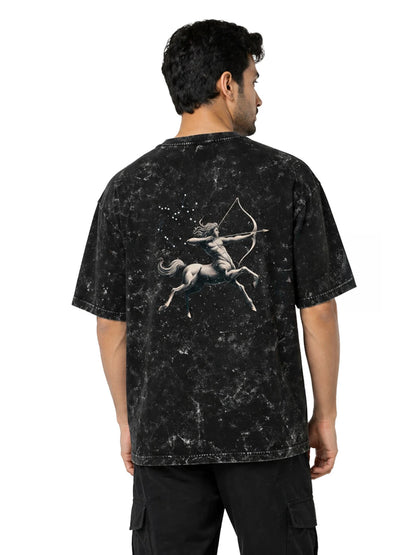Arya Black Oversized Zodiac Sagittarius Print Half Sleeve Cotton T-Shirt