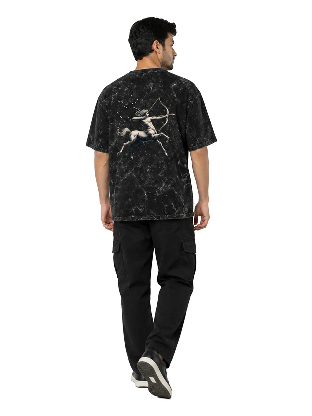 Arya Black Oversized Zodiac Sagittarius Print Half Sleeve Cotton T-Shirt