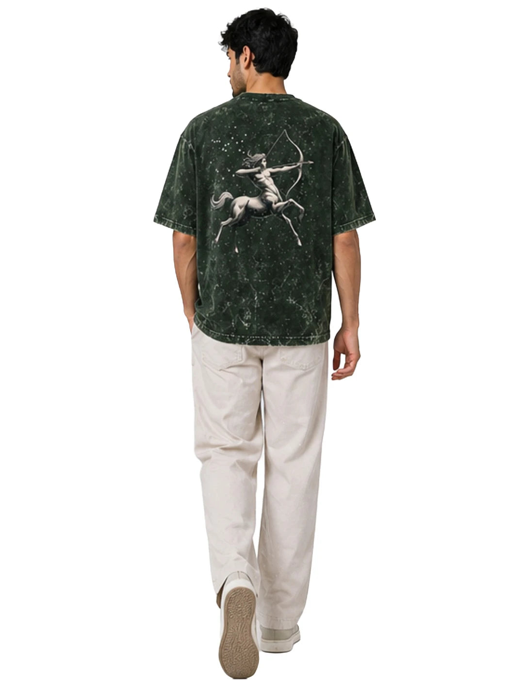 Arya Bottle Green Oversized Zodiac Sagittarius Print Half Sleeve Cotton T-Shirt