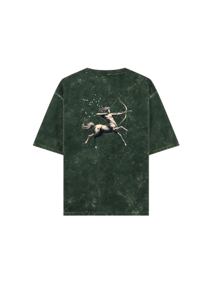 Arya Bottle Green Oversized Zodiac Sagittarius Print Half Sleeve Cotton T-Shirt