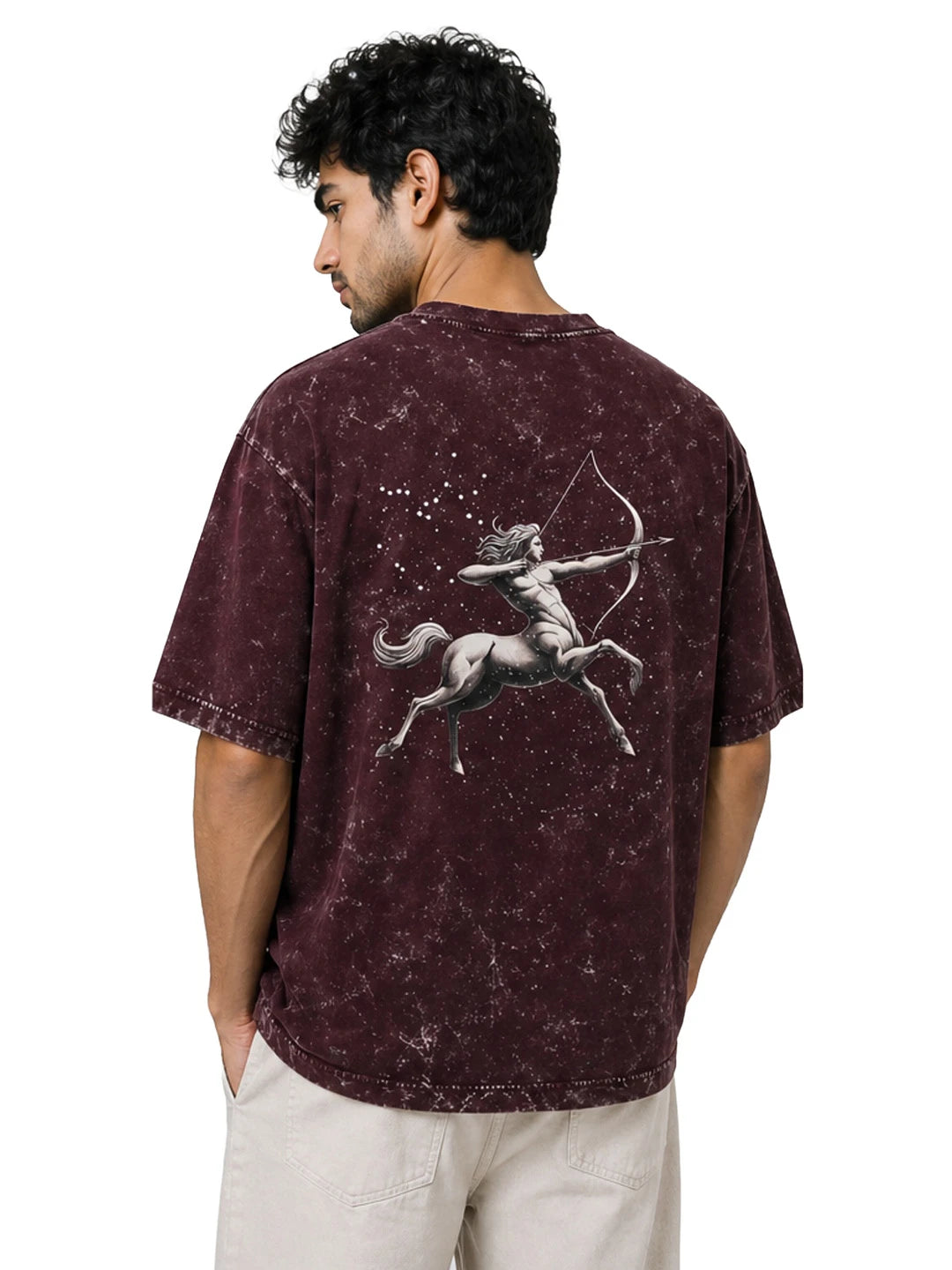 Arya Maroon Oversized Zodiac Sagittarius Print Half Sleeve Cotton T-Shirt