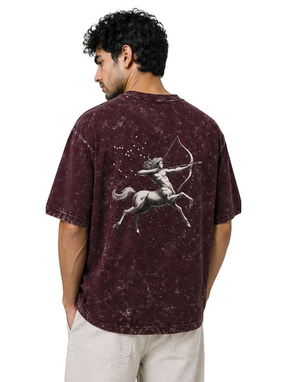 Arya Maroon Oversized Zodiac Sagittarius Print Half Sleeve Cotton T-Shirt