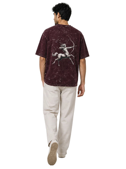 Arya Maroon Oversized Zodiac Sagittarius Print Half Sleeve Cotton T-Shirt
