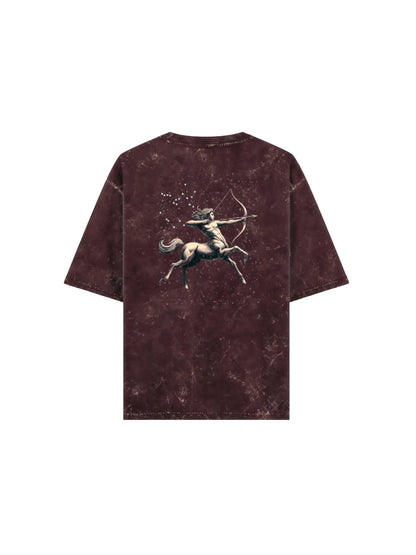 Arya Maroon Oversized Zodiac Sagittarius Print Half Sleeve Cotton T-Shirt