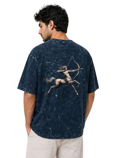 Arya Navy Blue Oversized Zodiac Sagittarius Print Half Sleeve Cotton T-Shirt