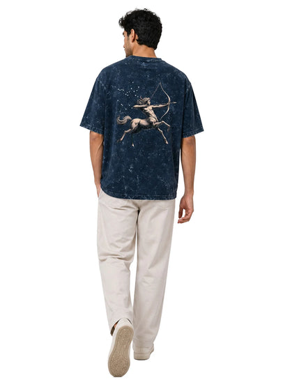 Arya Navy Blue Oversized Zodiac Sagittarius Print Half Sleeve Cotton T-Shirt