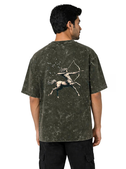 Arya Olive Green Oversized Zodiac Sagittarius Print Half Sleeve Cotton T-Shirt