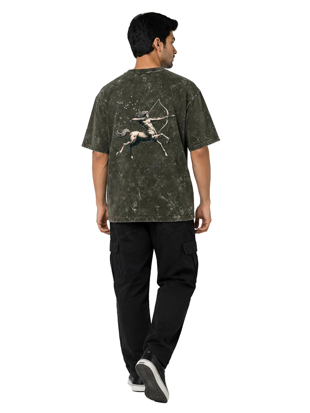 Arya Olive Green Oversized Zodiac Sagittarius Print Half Sleeve Cotton T-Shirt