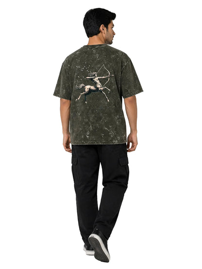 Arya Olive Green Oversized Zodiac Sagittarius Print Half Sleeve Cotton T-Shirt