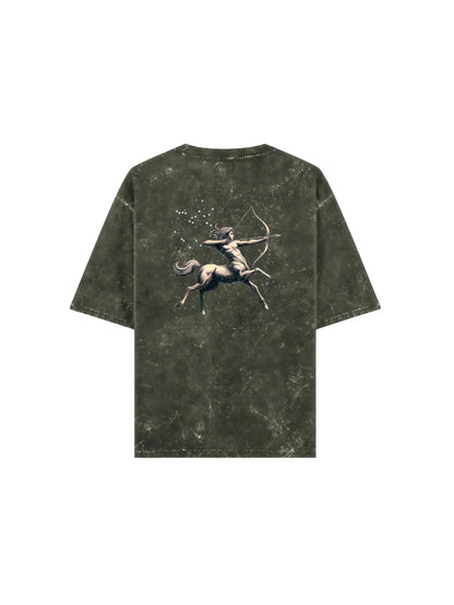 Arya Olive Green Oversized Zodiac Sagittarius Print Half Sleeve Cotton T-Shirt