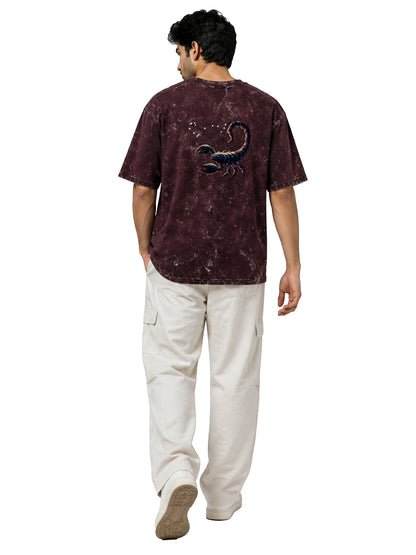 Arya Maroon Oversized Zodiac Scorpio Print Half Sleeve Cotton T-Shirt