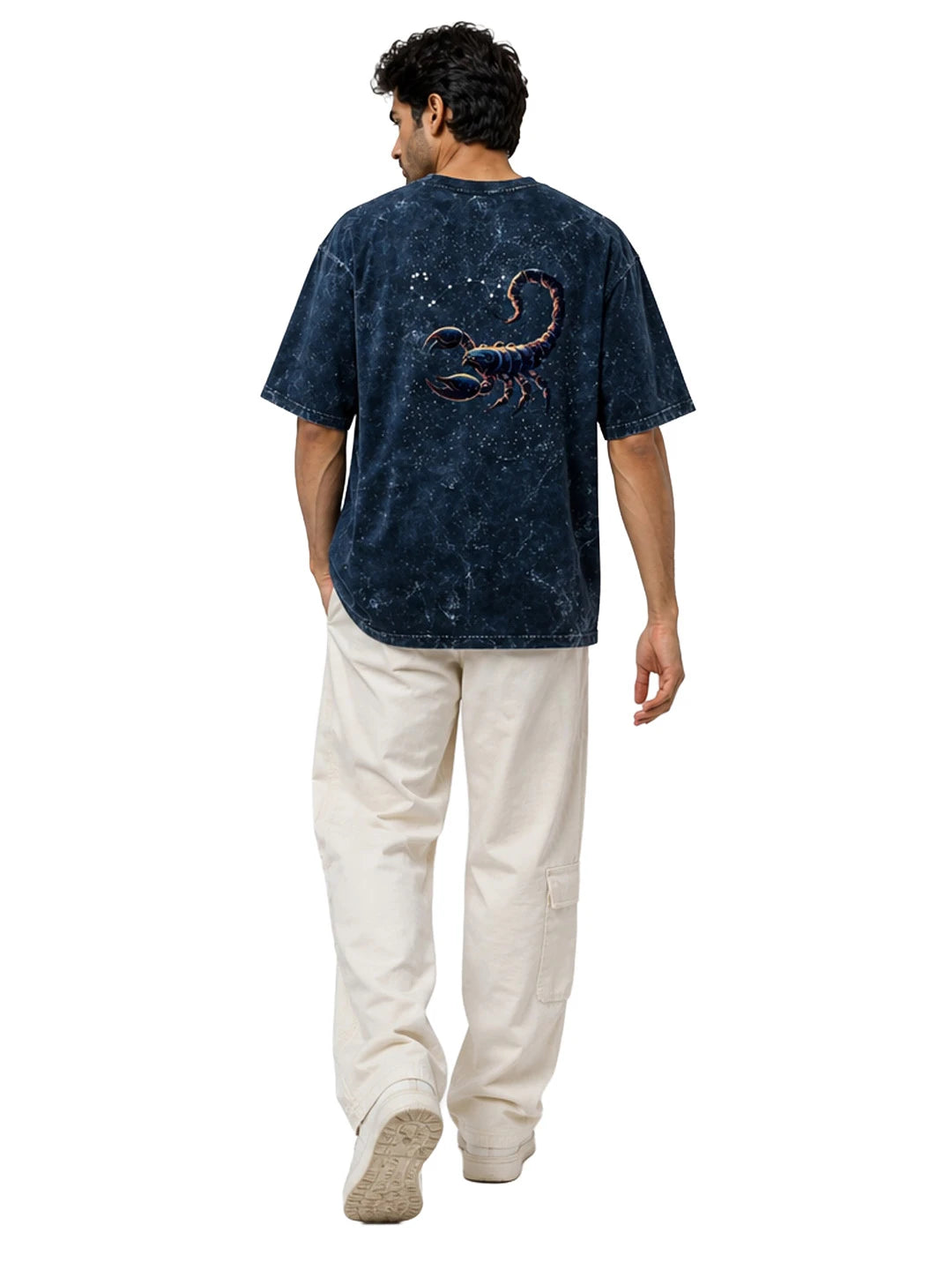 Arya Navy Blue Oversized Zodiac Scorpio Print Half Sleeve Cotton T-Shirt