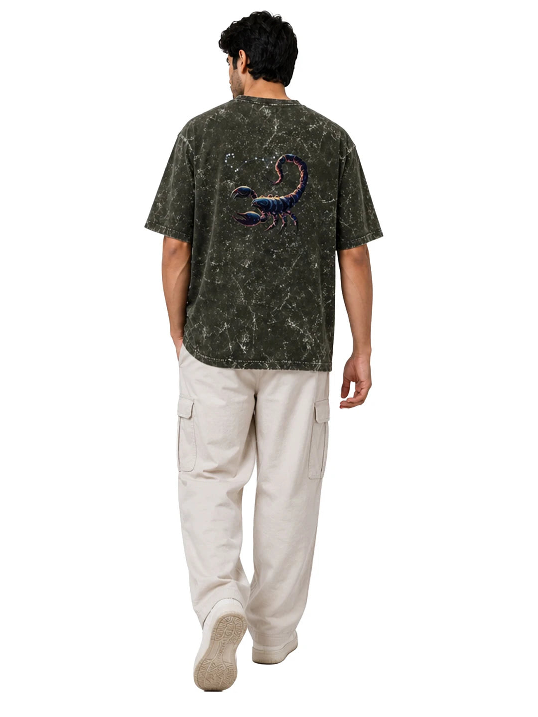 Arya Olive Green Oversized Zodiac Scorpio Print Half Sleeve Cotton T-Shirt