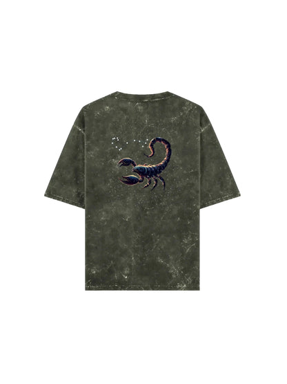 Arya Olive Green Oversized Zodiac Scorpio Print Half Sleeve Cotton T-Shirt