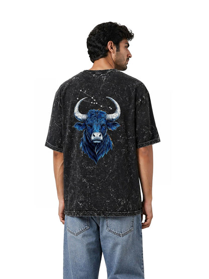 Arya Black Oversized Zodiac Taurus Print Half Sleeve Cotton T-Shirt