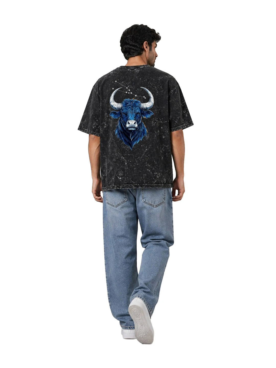 Arya Black Oversized Zodiac Taurus Print Half Sleeve Cotton T-Shirt