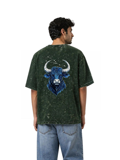 Arya Bottle Green Oversized Zodiac Taurus Print Half Sleeve Cotton T-Shirt