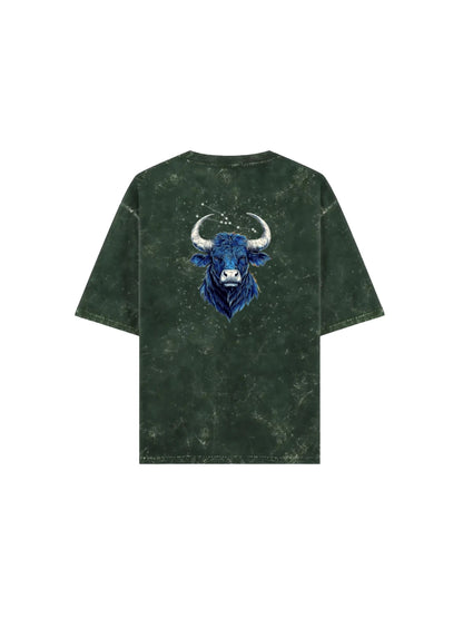 Arya Bottle Green Oversized Zodiac Taurus Print Half Sleeve Cotton T-Shirt