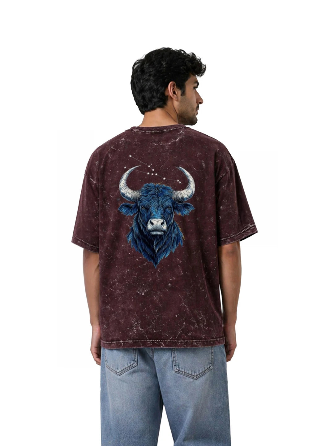 Arya Maroon Oversized Zodiac Taurus Print Half Sleeve Cotton T-Shirt