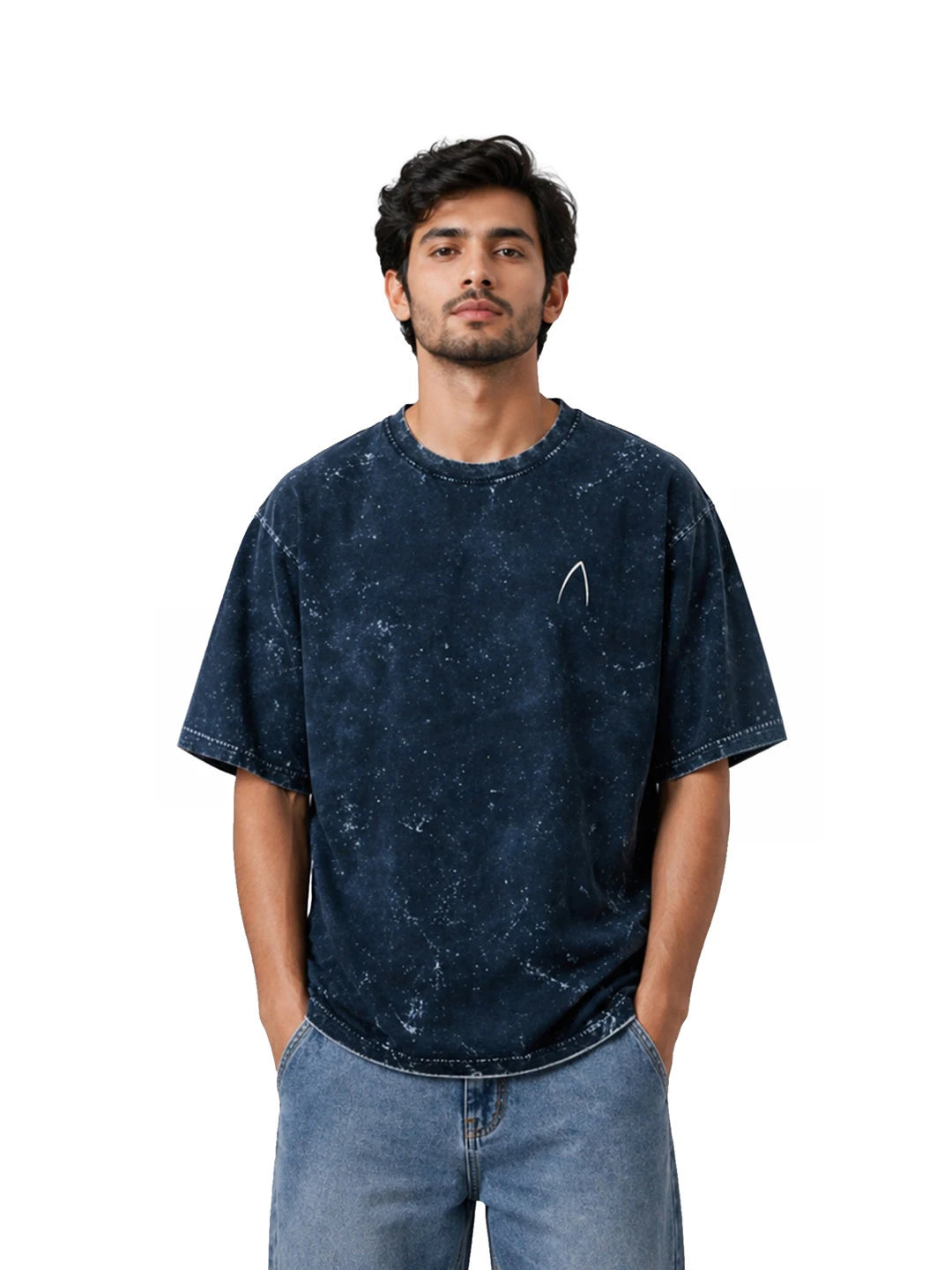 Arya Navy Blue Oversized Zodiac Taurus Print Half Sleeve Cotton T-Shirt