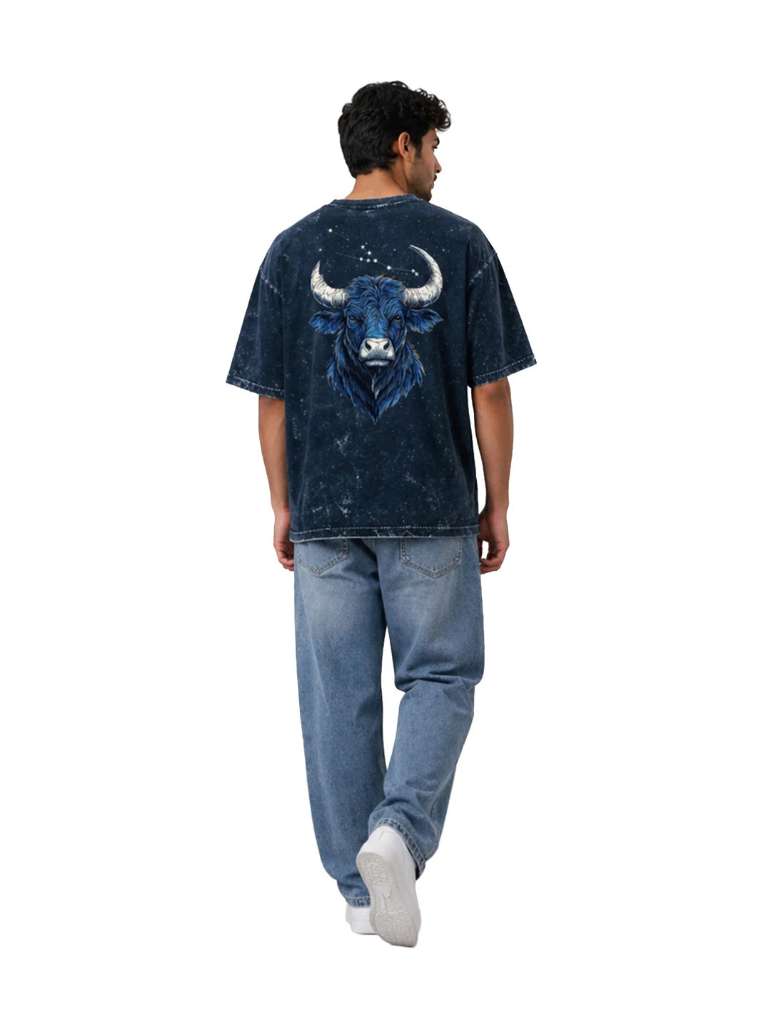 Arya Navy Blue Oversized Zodiac Taurus Print Half Sleeve Cotton T-Shirt