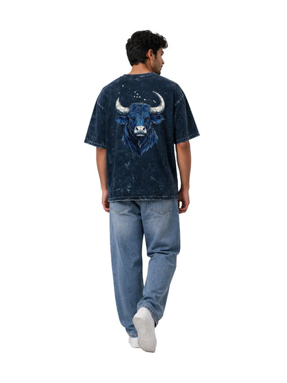 Arya Navy Blue Oversized Zodiac Taurus Print Half Sleeve Cotton T-Shirt