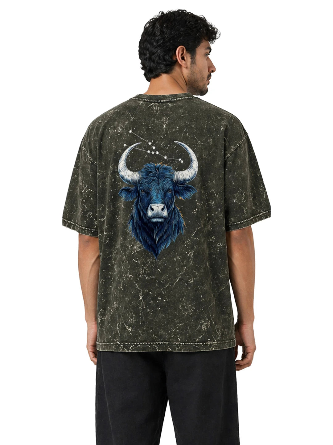 Arya Olive Green Oversized Zodiac Taurus Print Half Sleeve Cotton T-Shirt