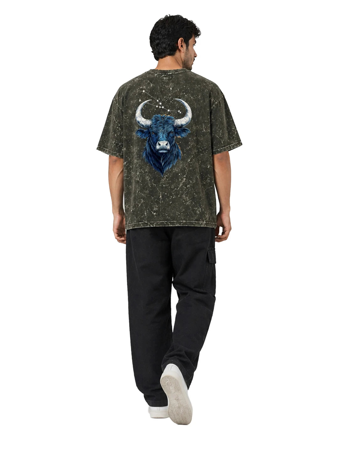 Arya Olive Green Oversized Zodiac Taurus Print Half Sleeve Cotton T-Shirt