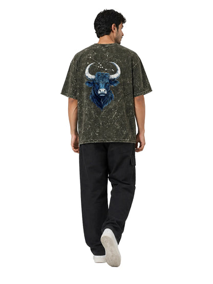 Arya Olive Green Oversized Zodiac Taurus Print Half Sleeve Cotton T-Shirt