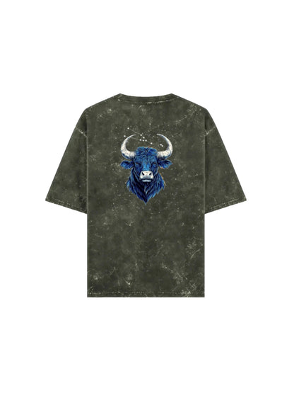 Arya Olive Green Oversized Zodiac Taurus Print Half Sleeve Cotton T-Shirt