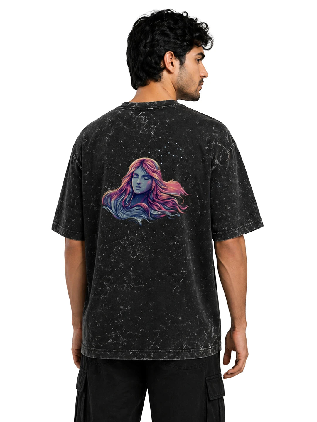 Arya Black Oversized Zodiac Virgo Print Half Sleeve Cotton T-Shirt