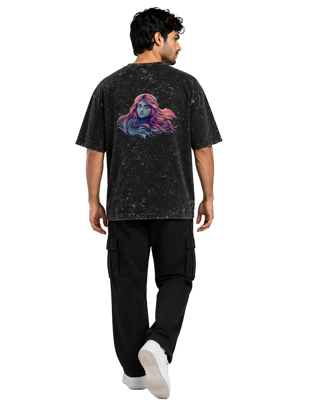 Arya Black Oversized Zodiac Virgo Print Half Sleeve Cotton T-Shirt