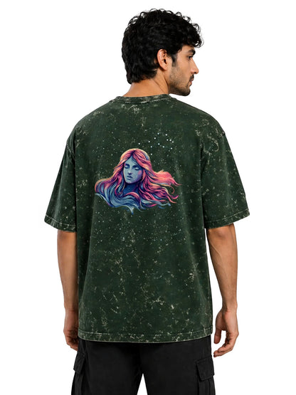 Arya Bottle Green Oversized Zodiac Virgo Print Half Sleeve Cotton T-Shirt