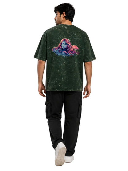 Arya Bottle Green Oversized Zodiac Virgo Print Half Sleeve Cotton T-Shirt
