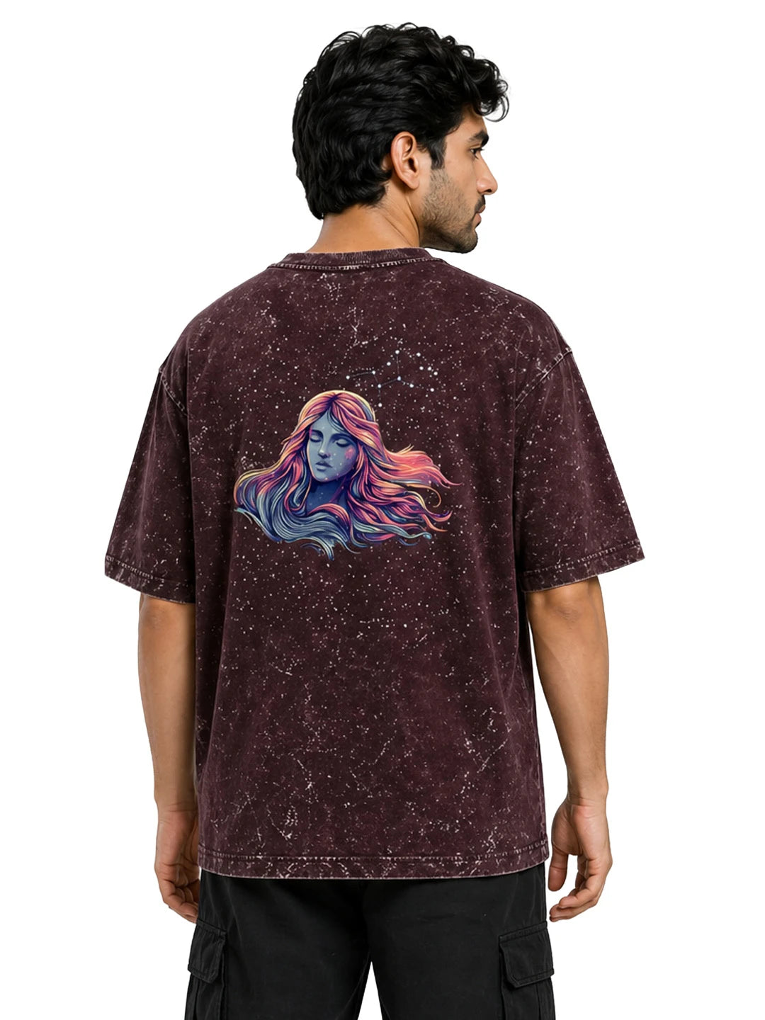 Arya Maroon Oversized Zodiac Virgo Print Half Sleeve Cotton T-Shirt