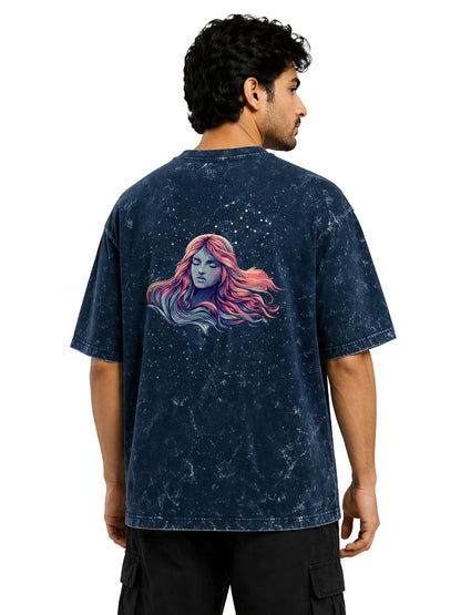 Arya Navy Blue Oversized Zodiac Virgo Print Half Sleeve Cotton T-Shirt
