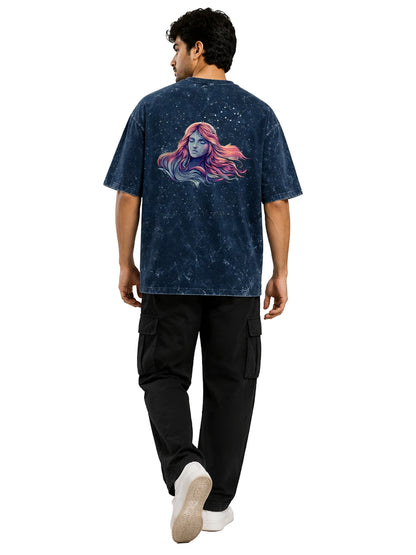 Arya Navy Blue Oversized Zodiac Virgo Print Half Sleeve Cotton T-Shirt