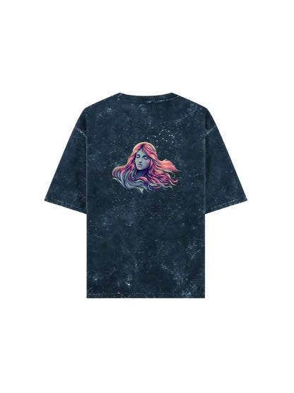 Arya Navy Blue Oversized Zodiac Virgo Print Half Sleeve Cotton T-Shirt